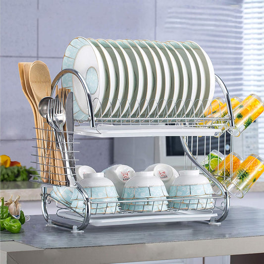 Dish Drying Rack, 2-Tier Dish Rack With Drainboard Stable Footpad, Utensil Holder, Cup Holder, Dish Drainer For Kitchen Counter Top Rust-Proof Treatment