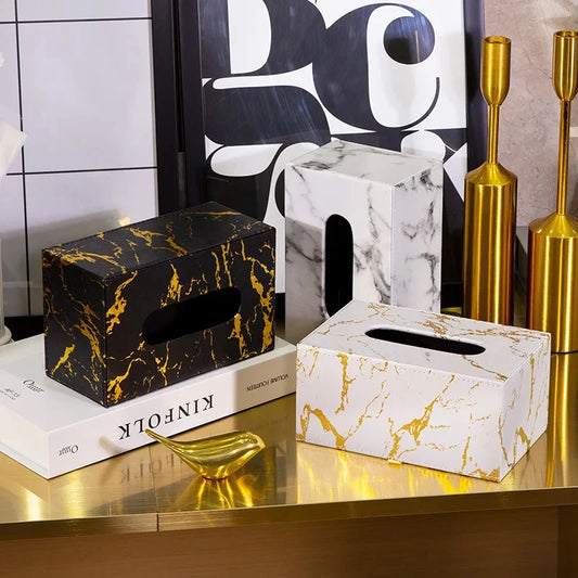 Black & Gold Marble Tissue Box Cover – Modern Bathroom Tissue Holder with Secure Lock