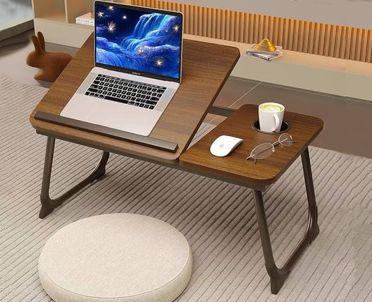 Adjustable Folding Laptop Desk with Tilting Top – Portable Bed Table Stand with Cup Holder & Foldable Legs