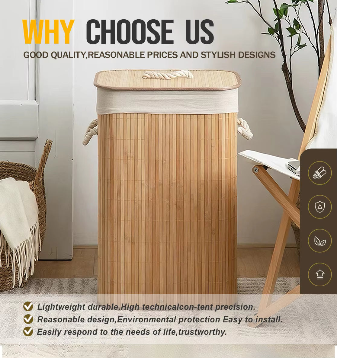 Foldable bamboo laundry basket organizer Handwoven large capacity